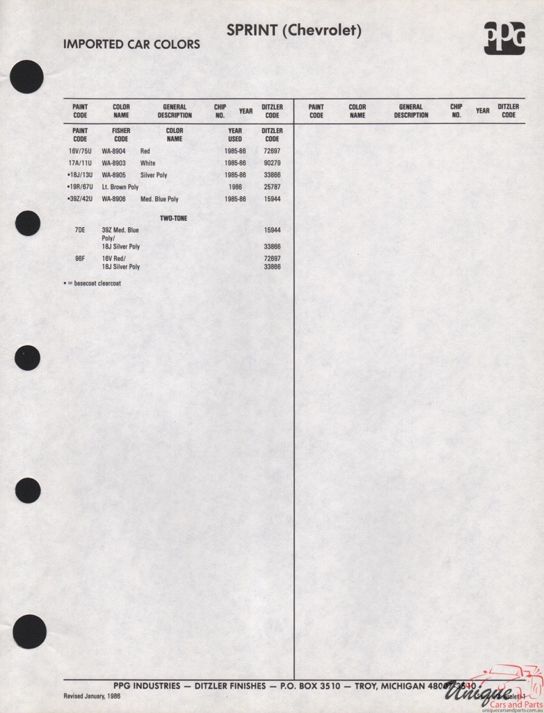 1986 GM Sprint Paint Charts PPG